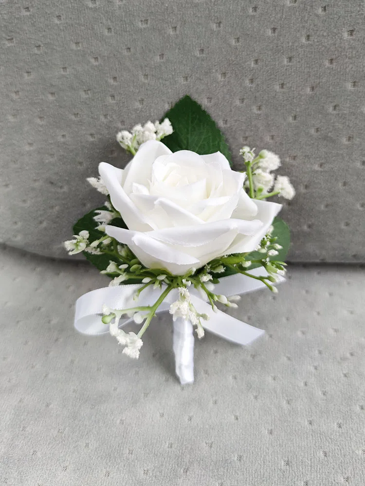 Bruid Boeket Witte Zijden Rozen Kunstbloemen Babysbreath Boutonniere Mariage Bruidsmeisjes Corsage Bruiloft Accessoires