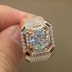 Luxurious Men's Rose Gold Color Birthstone Crystal Ring Boyfriend Anniversary Gift Banquet Engagement Wedding Band Jewelry