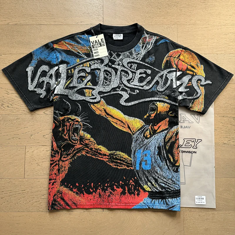 Vale Valley Retro Washed Cotton Short Sleeve T-Shirt Basketball Game Style Loose Fit Youthful Trendy Streetwear Citywalk