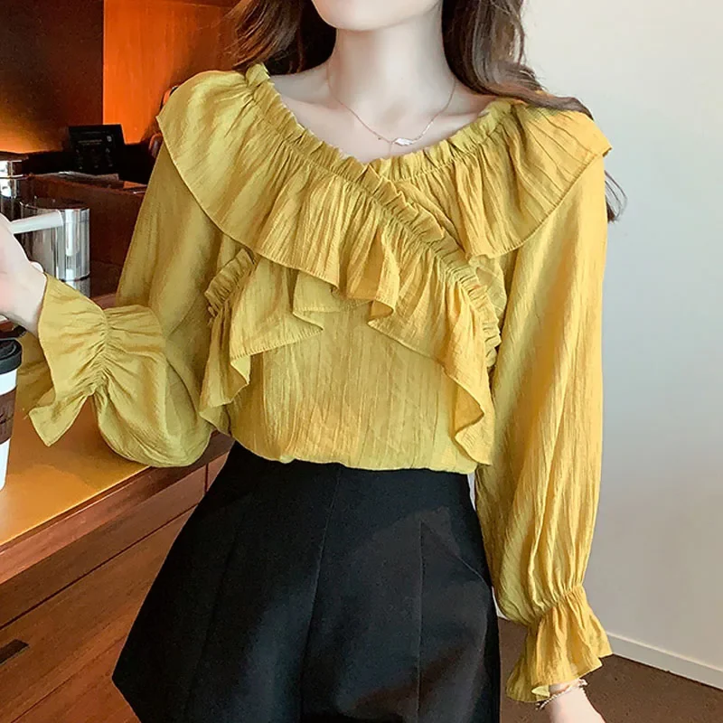 Fashion Long Sleeve V-Neck Women Blouse New Ruffles Chiffon Blouse Shirt Women Tops Blusas Para Mujer Camisas Blusa Blouses M253