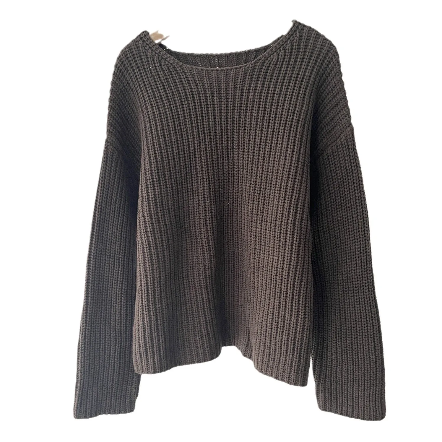 Women's casual lazy wind relaxation retro brown round neck long-sleeved knitted sweater 16A