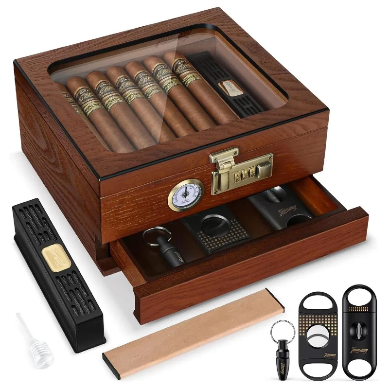 

Хьюмидор для сигар, коробка для сигар из кедрового дерева, настольный хьюмидор со стеклянной крышкой, встроенным гигрометром, увлажнителем, разделителем, выдвижным ящиком и замком.