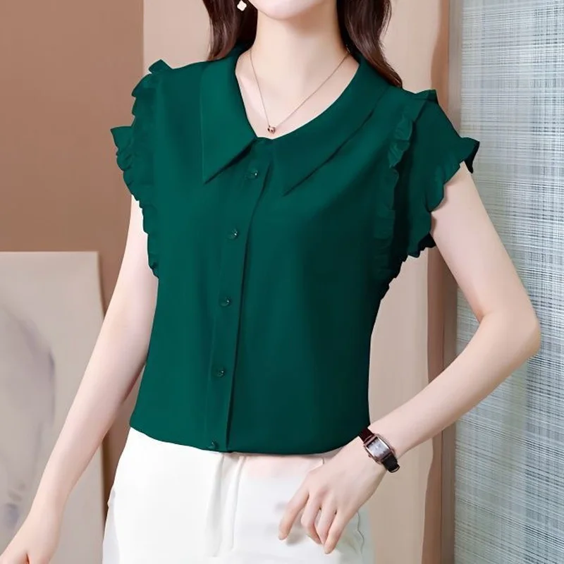 Chiffon Office Lady Doll Neck Blouse Summer Short Sleeve Solid All-match Youth Ruffles Shirt Tops Vintage Elegant Women Clothing