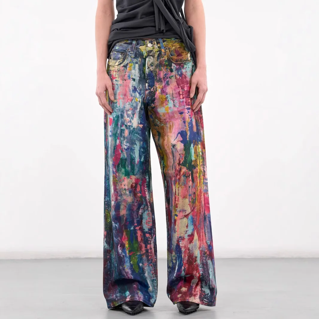 Jeans Women Wide Leg Pants Straight Denim Mom Paint Splash Trousers High Waist Distressed Vintage Floor Length Streetwear 2025