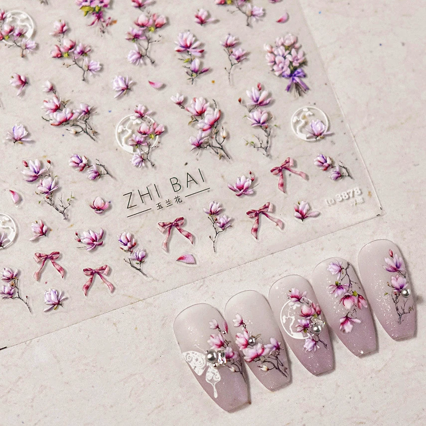 1pcs 5D Elegant Magnolia Nail Sticker Vintage High Quality Yellow Red Purple White Flower Delicate Soft Embossed Nail Sticker