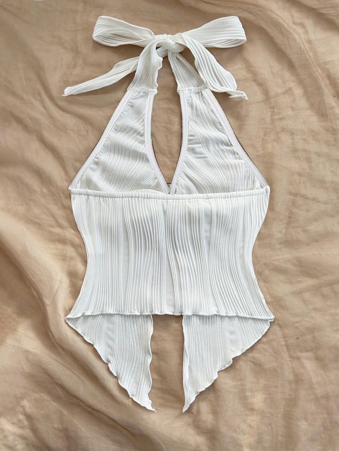 Women Halter Tie Backless Camisole Metal Ring Cutout Pleated Irregular Hem Slim Sleeveless Summer Top