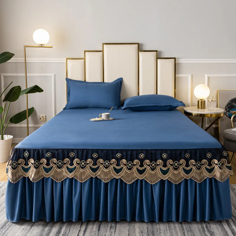 

Good Quality Comfortable Ruffled Bed Skirt Bedsheet Lace Embroidery Bed Skirt Non-slip Dustproof Mattress Protective Cover Solid