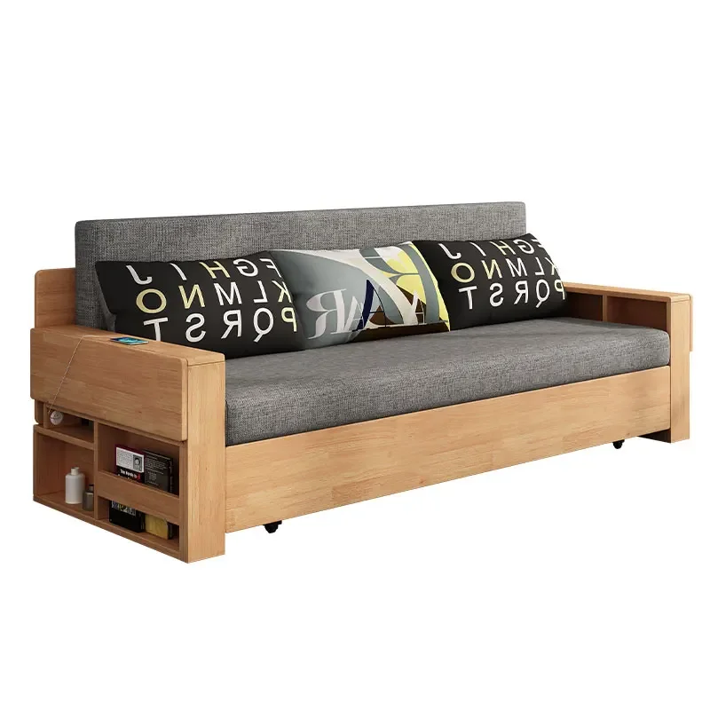 Solid Wood Sofa Bed Foldable Dual-Purpose Push-Pull Storage Living Room Desk Integrated Double Sofa