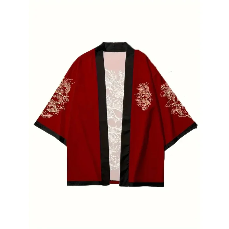 Japanese Kimono Dragon Graphic Print Cosplay Haori Yukata Top Adult Traditional Samurai Loose Kimono Cardigan for Men Women