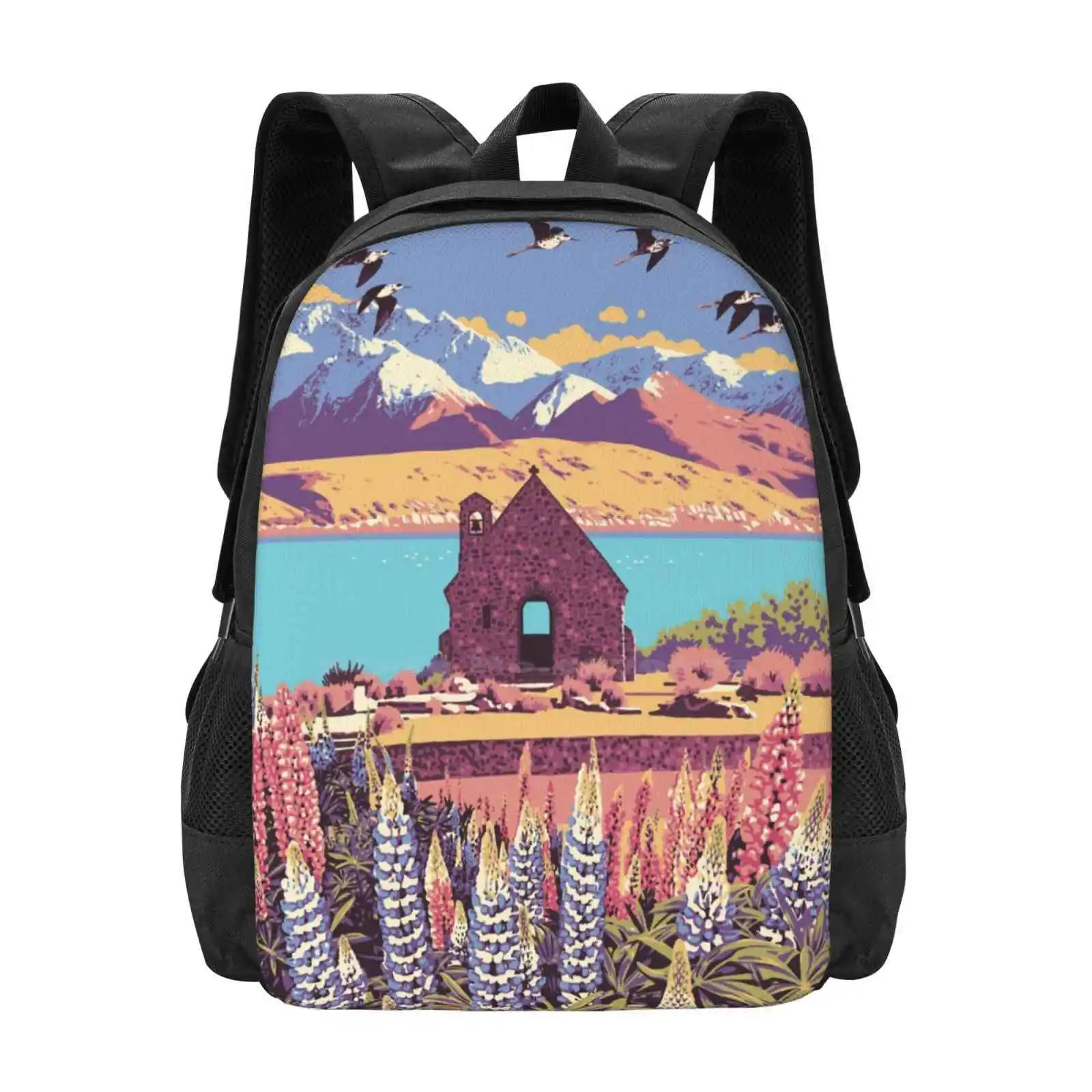 Lake Tekapo School Bag Big Capacity Backpack Laptop Tekapo Vintage Travel New Zealand Tourism Church Lake Country Colour Graphic