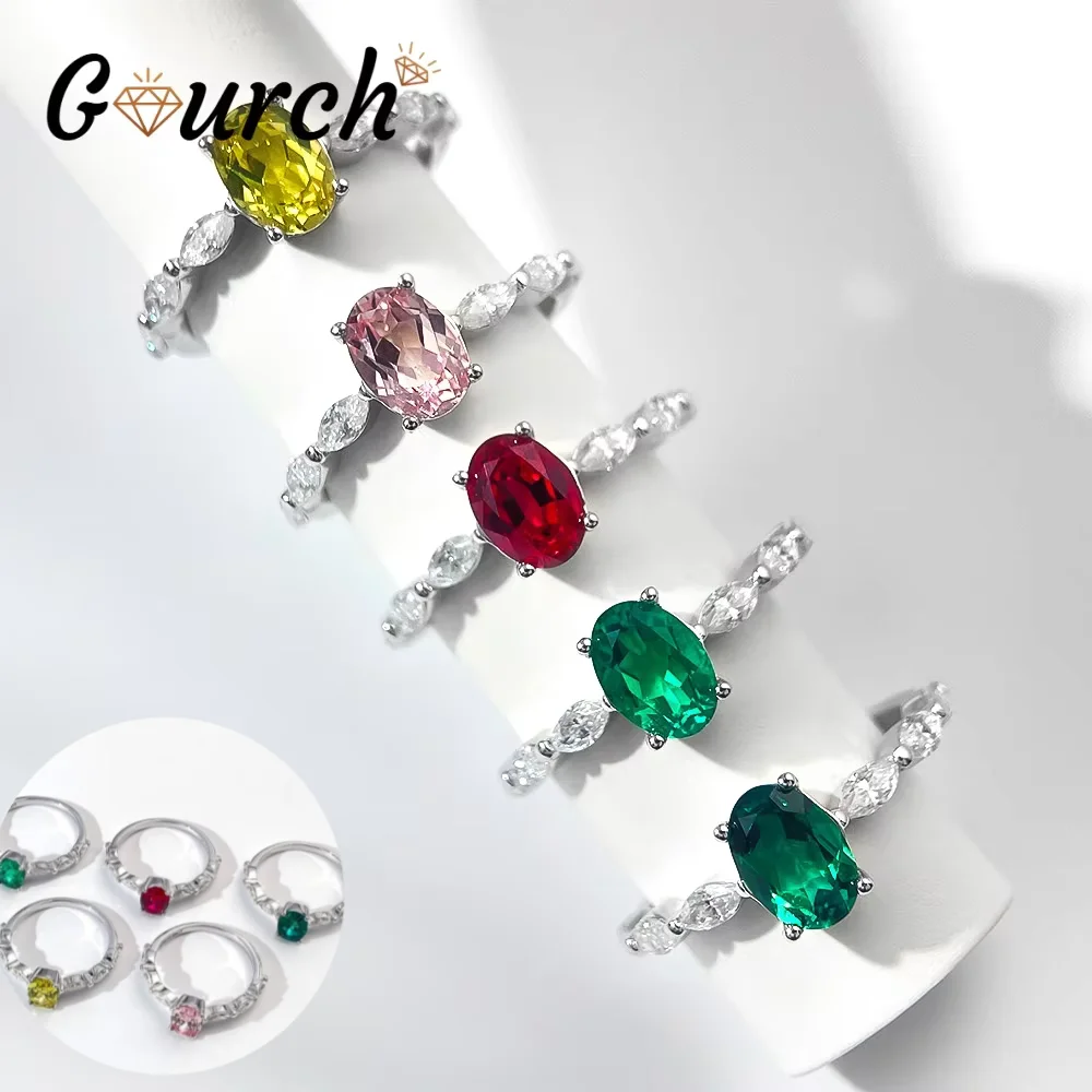 

Gourch 1CT 5*7mm Lab-Grown Colombian Emerald Ring 925 Sterling Silver with Moissanite Wedding Engagement Jewelry for Women