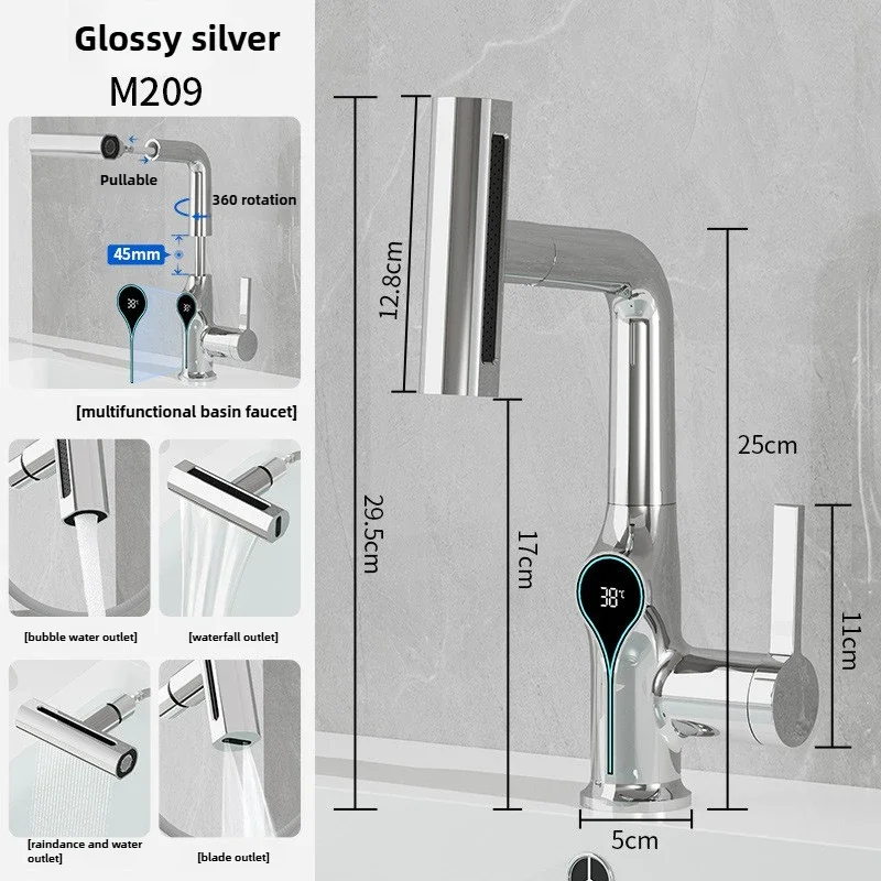 Waterfall Temperature Digital Display Basin Faucet Lift Up Down Stream Sprayer Hot Cold Water Sink Mixer Wash Tap For Bathroom