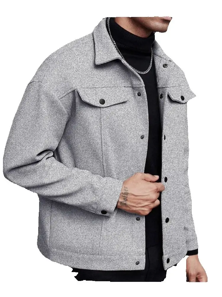 

Autumn winter collar woolen jacket, men's large pocket single breasted woolen jacket, casual and business jacket without lining