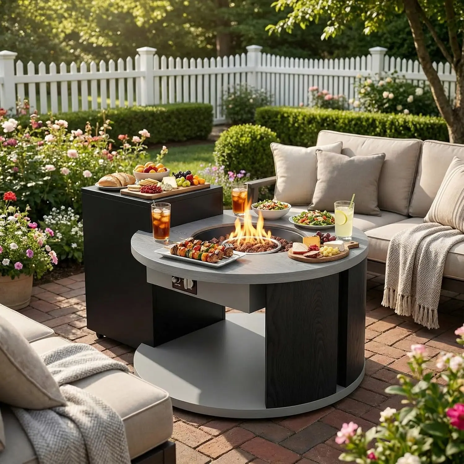 Round Outdoor Fire Table with Propane Tank Cabinet, 50000BTU Aluminum Alloy Fire Pit Table for Patio Grey & Black, Customized