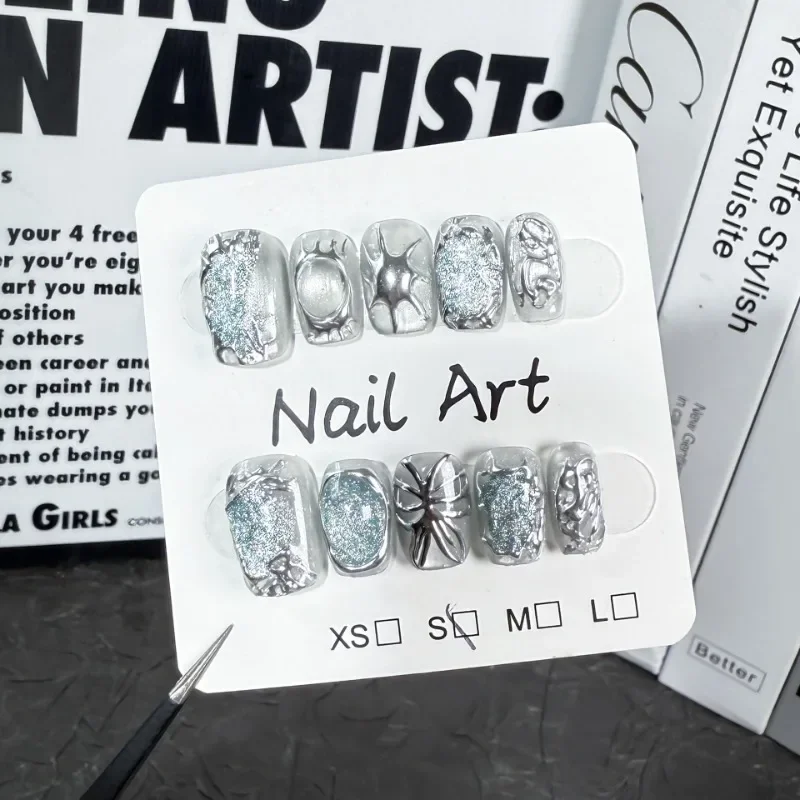 10 قطعة عين القط الأظافر كاذبة قصيرة مربع اليدوية الأظافر وهمية غير النظامية المعادن الصحافة على الأظافر بريق الفضة تصميم الفتيات باردة حلوة #2