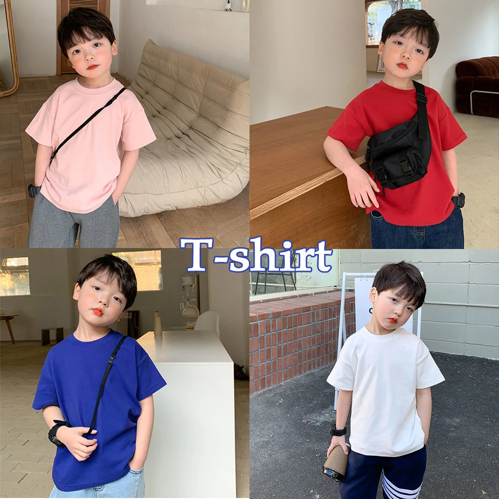 

2024 Boys Short Sleeved T-shirt Handsome Childrens Wear Summer New Solid Color Loose Versatile Top