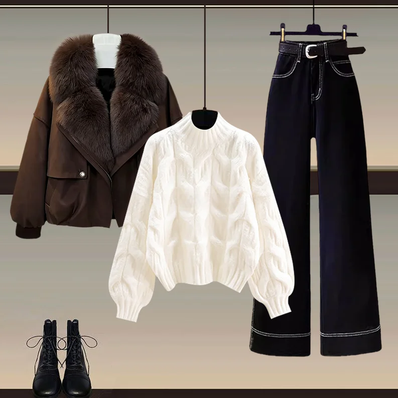 

Sli Winter Set Women's Retro High Waist Wide Leg Jeans Knitted Sweater Cotton Jaet Faionable Casual Outfit Tee Piec...