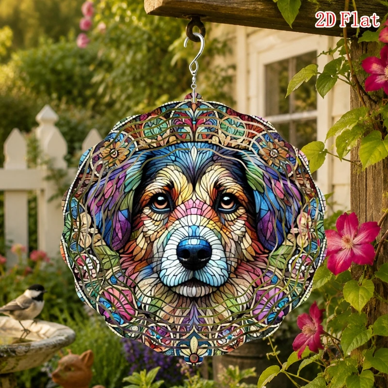 2D Flat Dandan Dog Pattern Metal 3D Rotating Wind Chime with Rotating Hook, Outdoor Garden and Patio Decoration