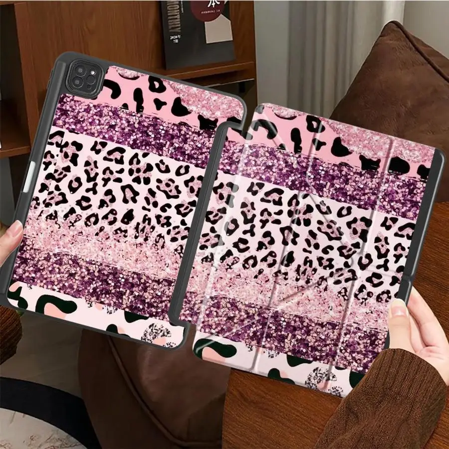Glitter Stripe Leopard With Pen Slot Cover Tablet Case For iPad 11th 12th Pro M4 13 2025 2026 9th Mini 7 6 5 10th Gen Air 8 M2