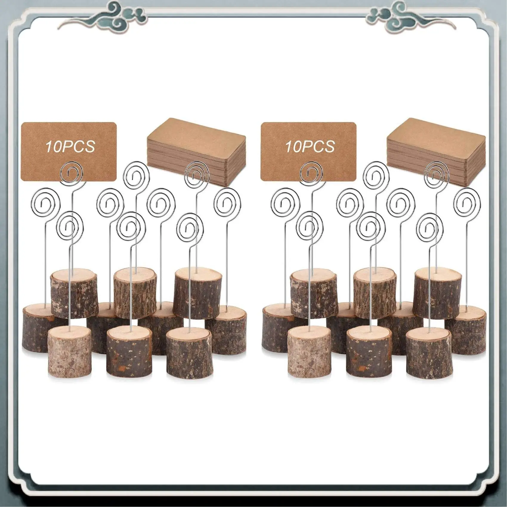ABIJ-60Pc Wood Place Card Holders With Swirl Wire Kraft Place Cards Rustic Wood Table Number Holders Stands Name Cards Holder