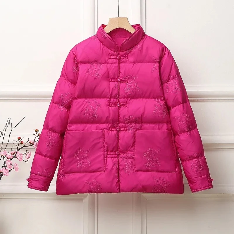 เสื้อแจ็คเก็ตพัฟเฟอร์คอตั้งสำหรับผู้หญิง รุ่นสั้น อุ่นสบาย สำหรับฤดูใบไม้ร่วงและฤดูหนาว ปี 2025 สไตล์เรโทร น้ำหนักเบาพิเศษ บุด้วยขนเป็ดขาว