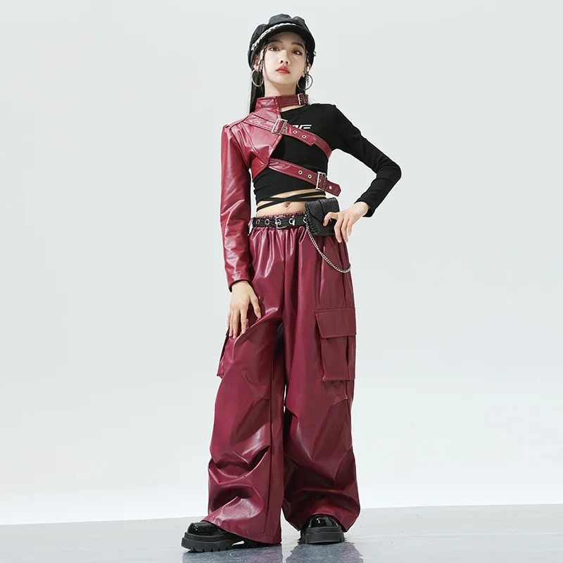 معطف أحمر بنطال جلدي أزياء رقص الجاز أداء Kpop الزي للأطفال الحفل مرحلة الملابس الفتيات المدرج عرض الملابس