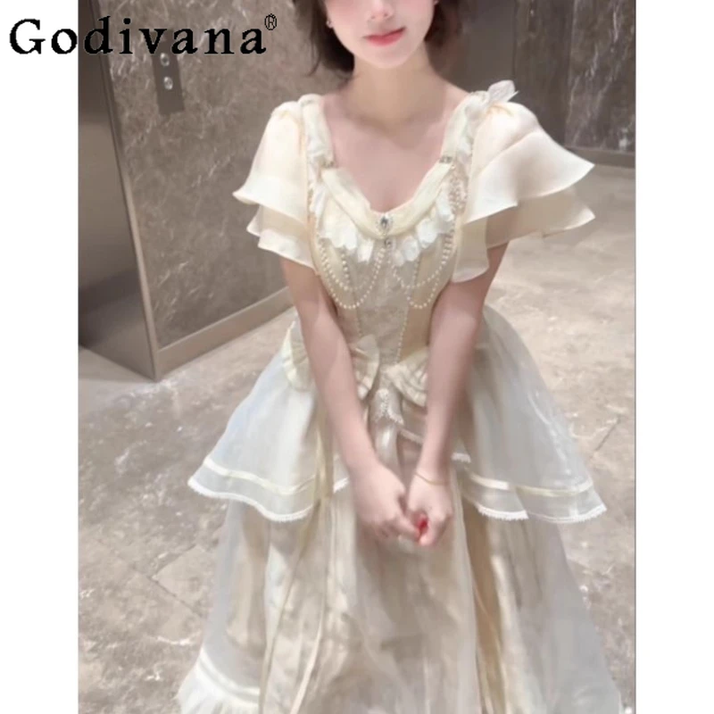 Summer Japanese Lolita Princess Dress Women Waist Cinching Heavy Craft Slimming Dress Female New Birthday Party Long Dress