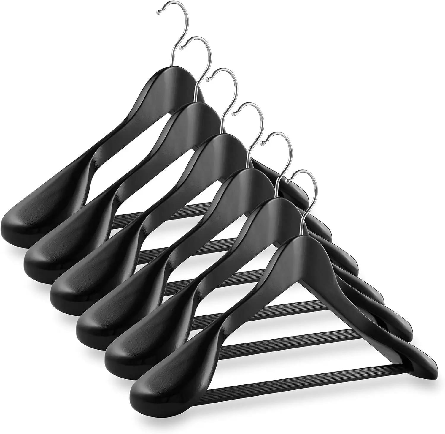

6 Black Wide Shoulder Wooden Suit Hangers with Non-Slip Pant Bar and Chrome Swivel Hook for Clothes