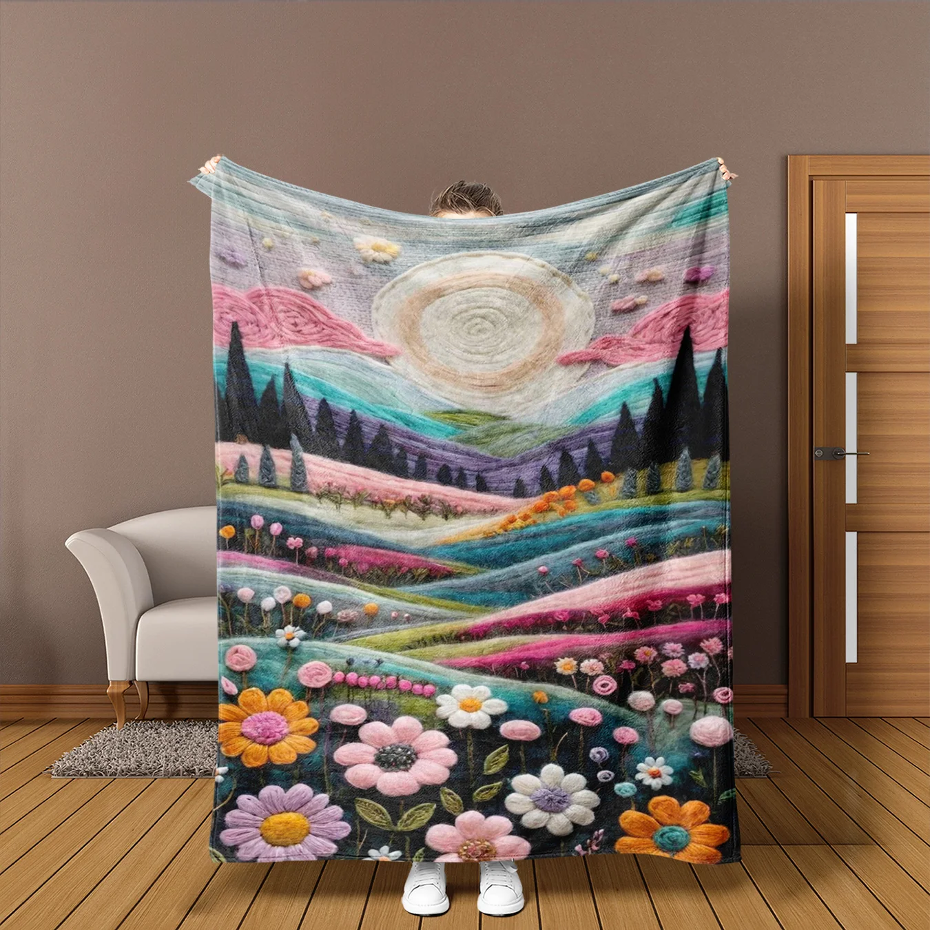 Flowers, grasslands and mountain views Flannel printed blanket suitable for all seasons for living room office sofa and travel
