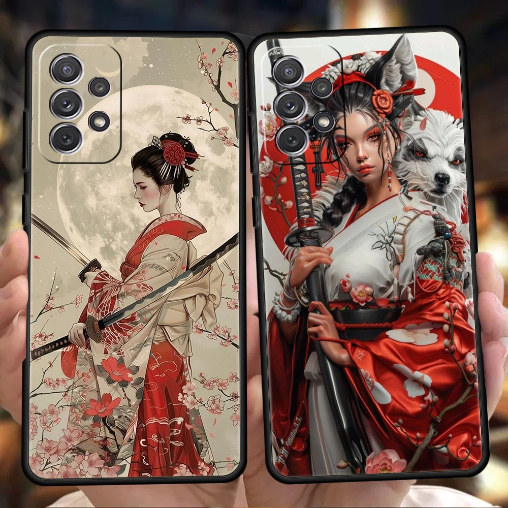 Samurai Warrior Geisha Phone Case for Samsung Galaxy A55 A35 A15 A14 A25 A54 A51 A71 A72 A73 A32 A52 A52S A41 5G Soft TPU Shell