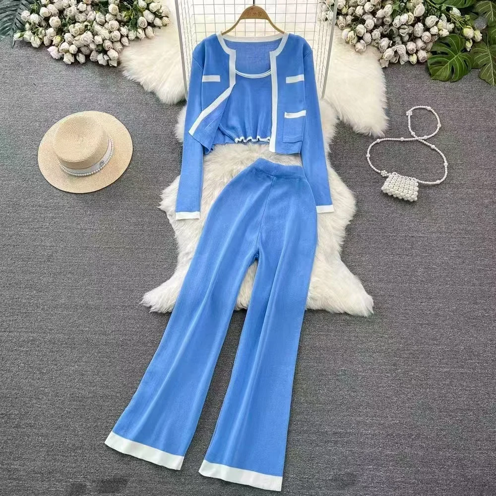 Chic Three-piece Sets Sweet Patchwork Long Sleeve Knit Coat Slim Vest Basics Wide Leg Pants High Street Women Winter Clothing