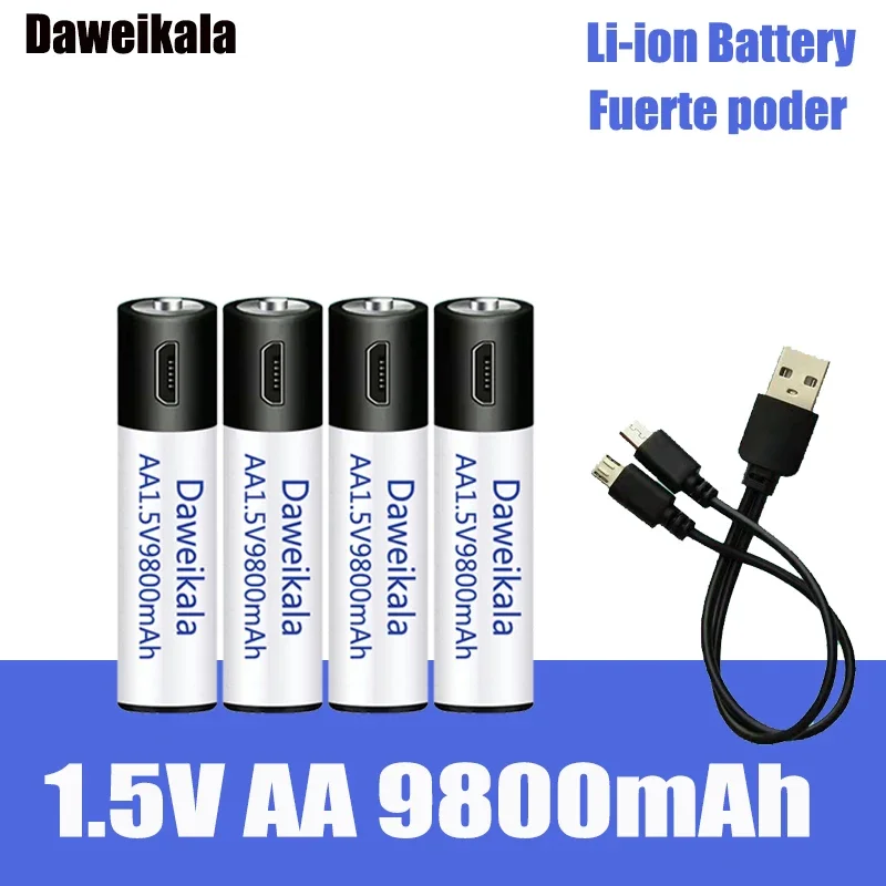 USB Recarregável Li-ion Battery + Cabo, Alta Capacidade, 1.5V, AA, 9800 mWh, Apto para Controle Remoto, Mouse, Ventilador Pequeno, Brinquedo Elétrico