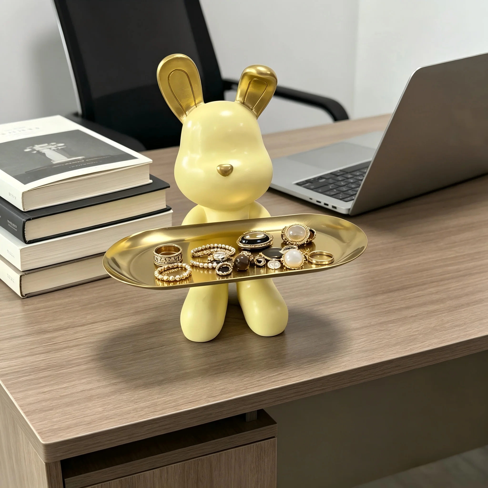 Charming Rabbit Figurine with Metal Tray, Resin Bunny Decorative Tray for Keys, Earrings, Rings, Cute Home Accent