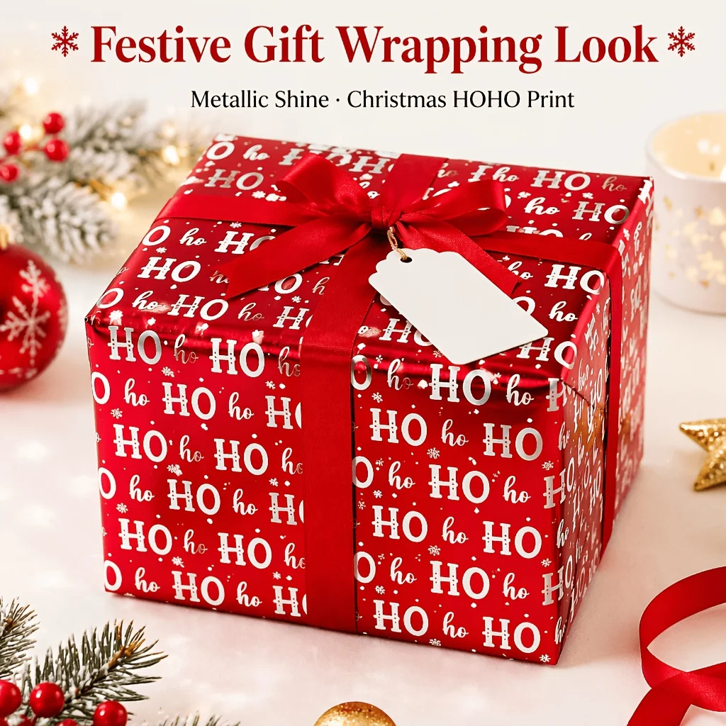 Red Aluminum-Coated Foil Christmas Gift Wrapping Paper Roll, Metallic Shiny Xmas Letter Snowflake Pattern Party Wrapping Paper