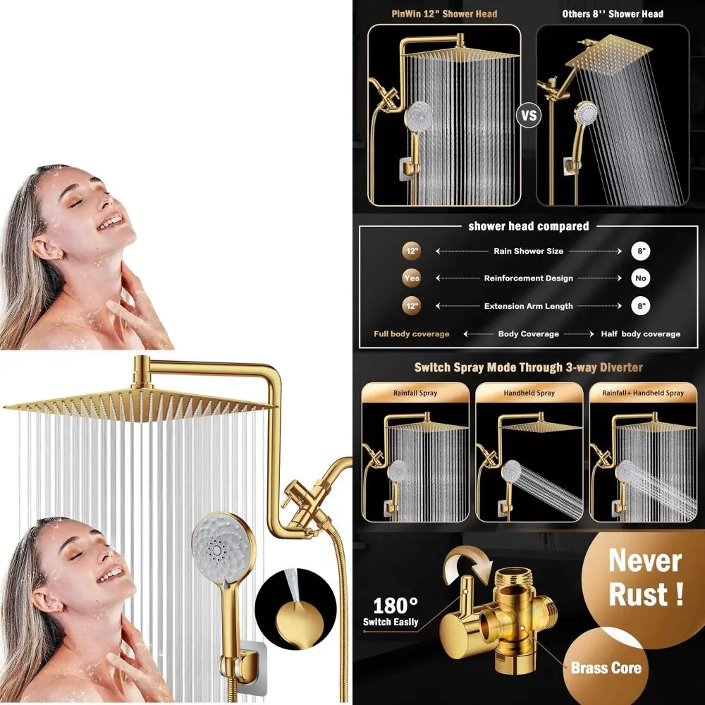 

12-inch Dual Shower System with Extendable Arm and 6-Function Handheld in Brushed Gold