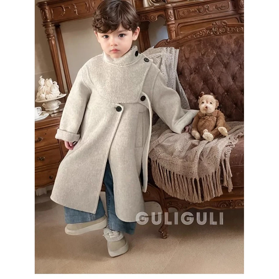 Winter Autumn Boys Girls Long Fashion Cotton Woolen Coat Baby Kids Princess Korean Style Thickened Bow Coat Children Warm Jacket