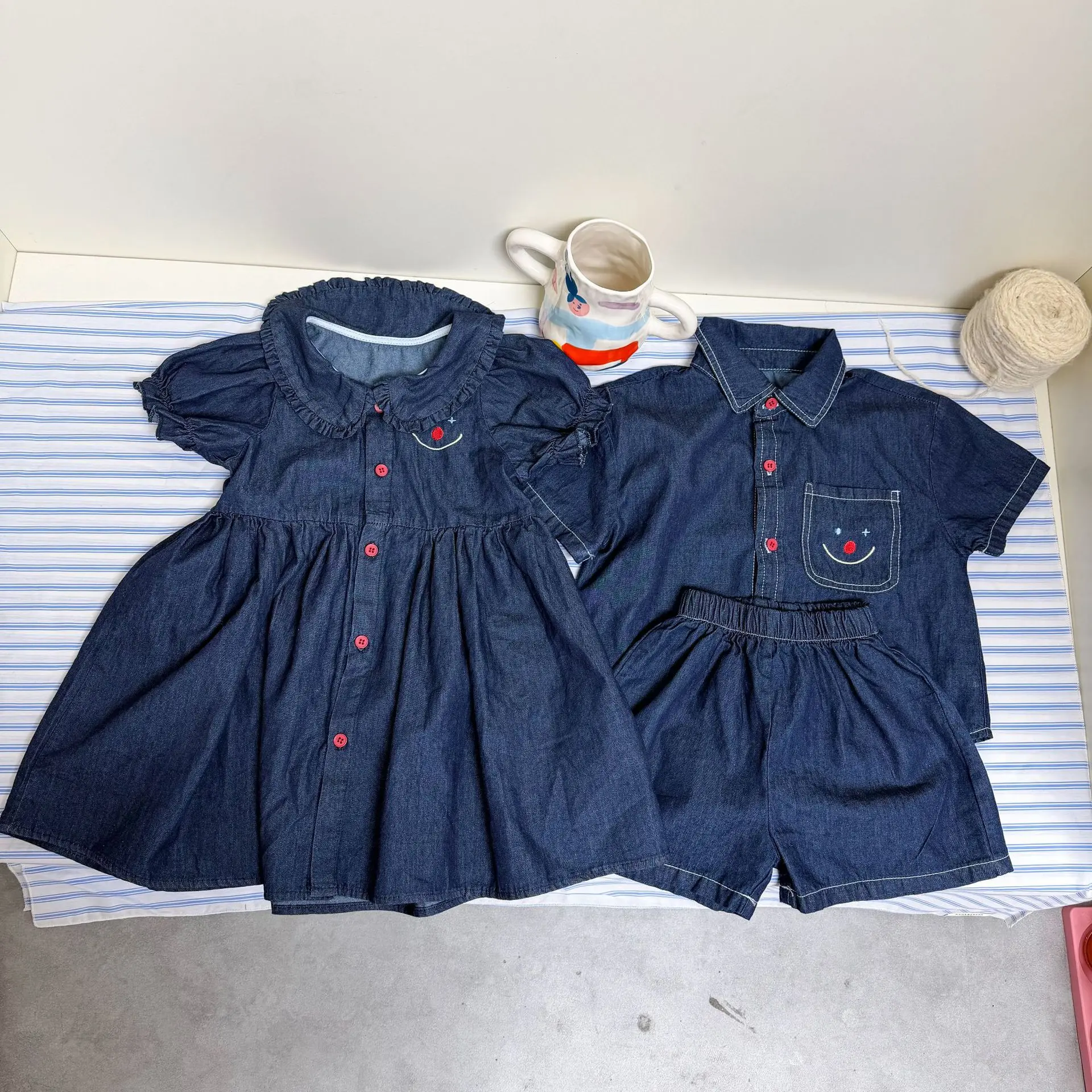 Set 2026 Spring Summer New Children's Wear Korean Style Boys and Girls Denim Shirt Shorts Dress Brother and Sister Simple