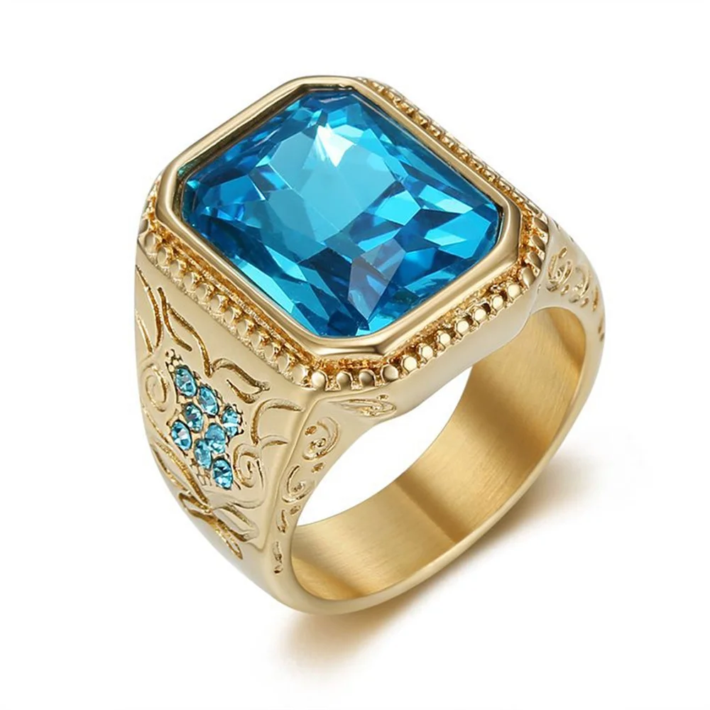 

Hip Hop Iced Out Blue Square Ring Male Wholesale Gold Color Stainless Steel Big Rapper Rings For Men Fashion Party Jewelry Gift