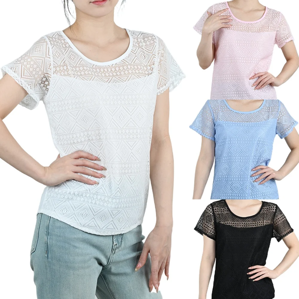 

Women Summer Chiffon Blouse Lace Crochet Female Korean O Neck Short Sleeve Shirts Ladies Slim Fit Tops Shirt White Black Blouses