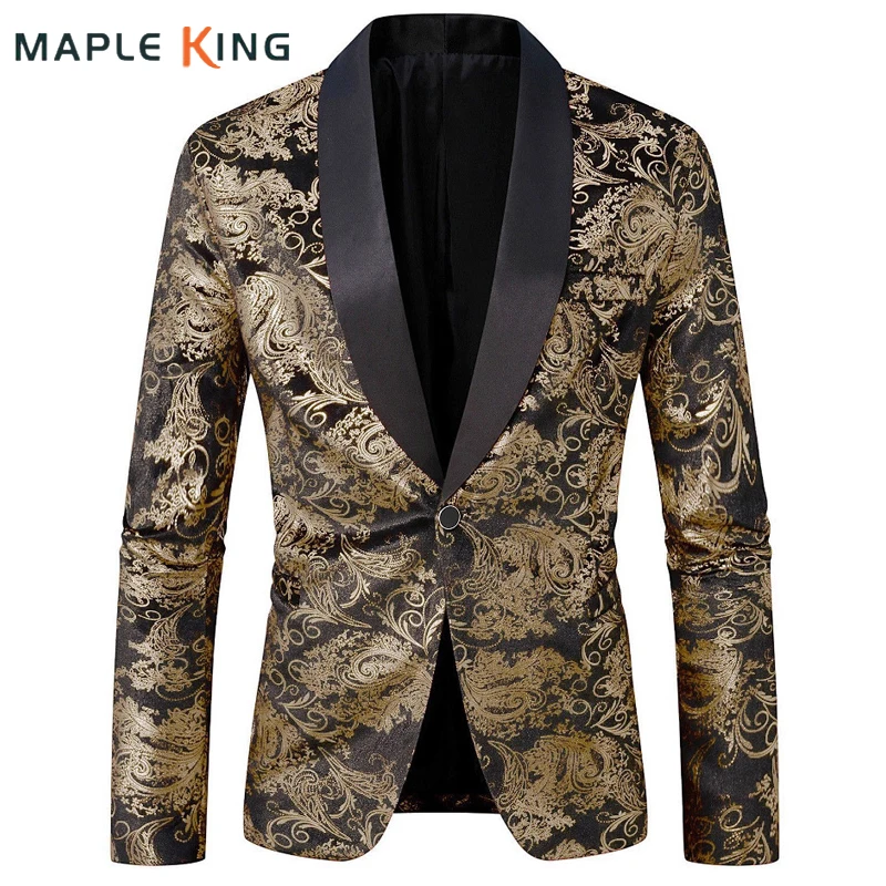 

High-grade Men Gold Bronzing Elegant Blazer Masculino Luxury Floral Designer Nightclub Button Party Dress Suits Steampunk Coats