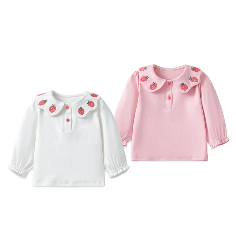 2024 Doll Neck Children's Girl Top Sweet Strawberry Embroidery Cute Baby Girls Tops Versatile Long Sleeves Newborn Kids Clothing