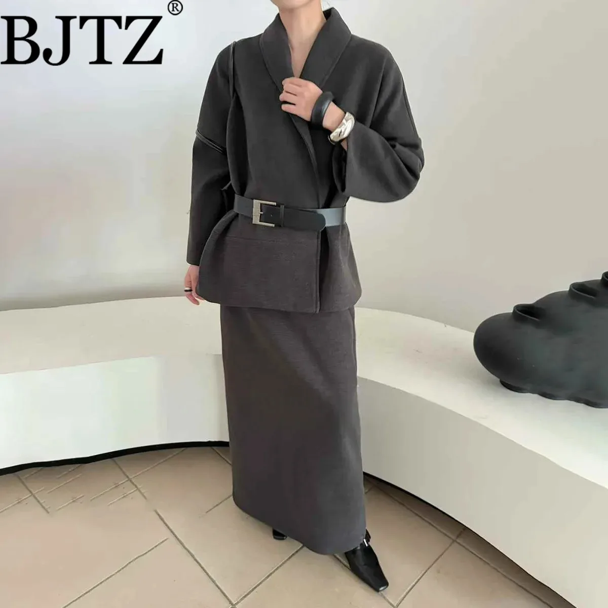 

BJTZ 2025 Autumn Winter Women’s Belted Trench Coat Skirt Set High Neck Loose Fit Casual Minimal High Quality OfficeMinimalimalis