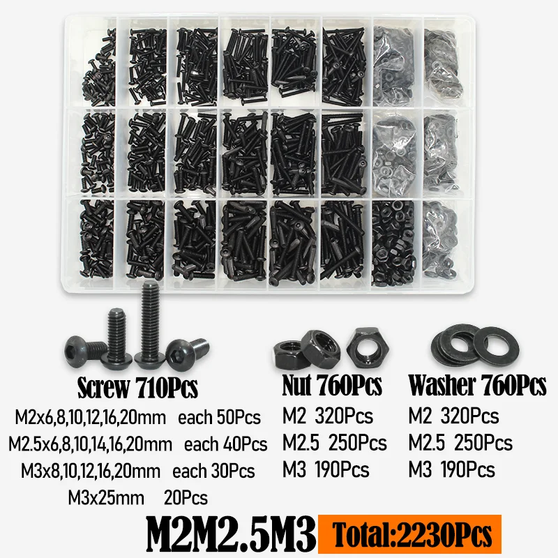 2510-teiliges Rundkopfschrauben-Set M2 M2.5 M3 M4 M5 M6 Schwarz 10.9 Güte Innensechskant-Kopfschrauben Bolzen Muttern Unterlegscheiben ISO7380