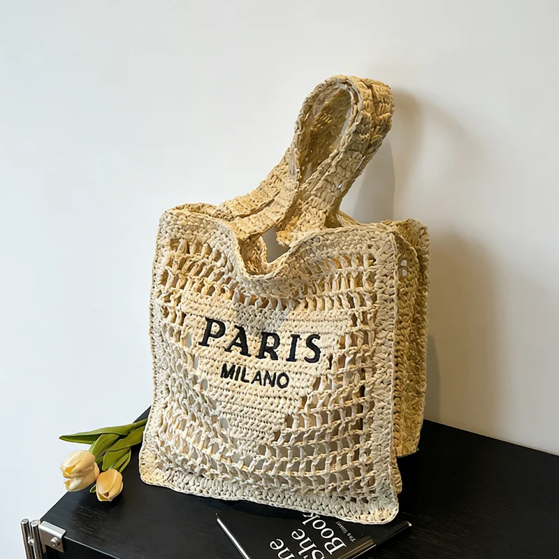 

French Retro Straw Shoulder Bag，luxury Inverted Triangle Hollow，large Capacity Casual Tote，versatile Summer Beach Vacation Bag