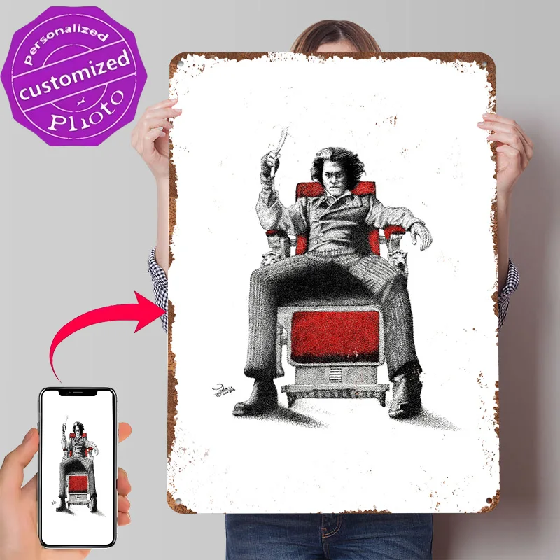 Sweeney Todd Pen Drawing Printed Poster Customized Wall Art Retro Vintage Metal Tin Signs for Luxury Decoration Gaming House