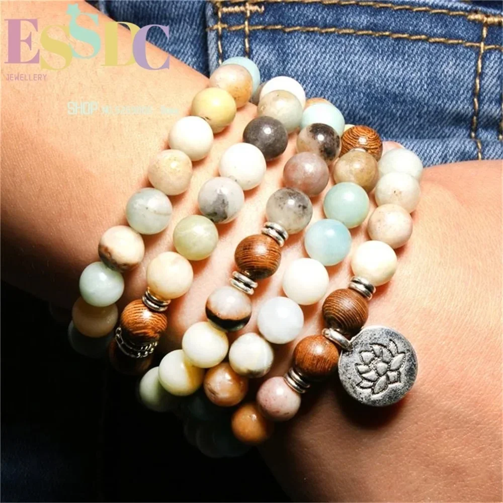 New Design Yoga Lotus Pendant  Natural Amazonite with Wood Beads 108 Mala Trendy Men and Women's Bracelets or Necklaces