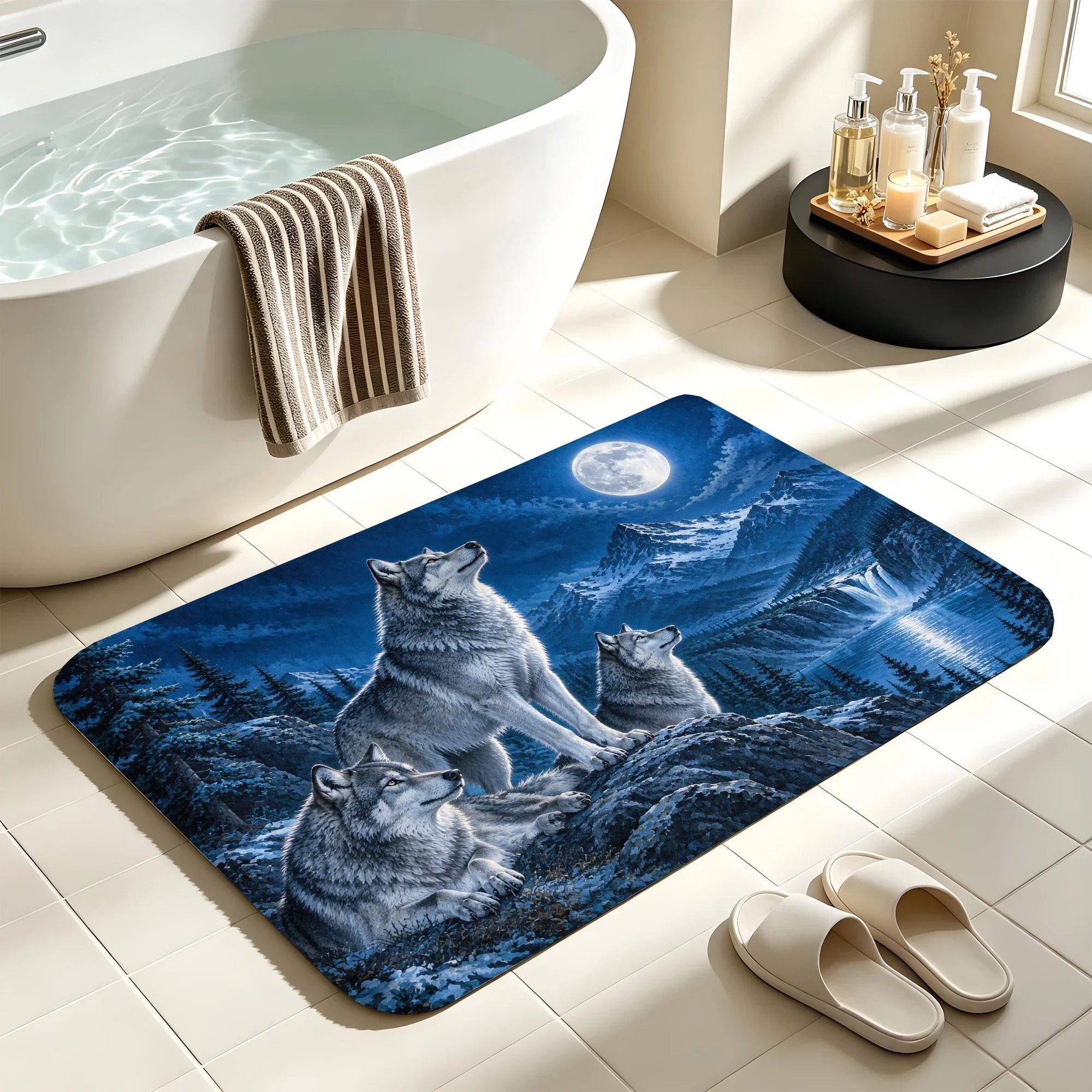 Wolf Pack Bath Mat Water Absorbent Quick Dry Anti-Slip Shower Rug Floor Carpet for Bathroom Home Decor