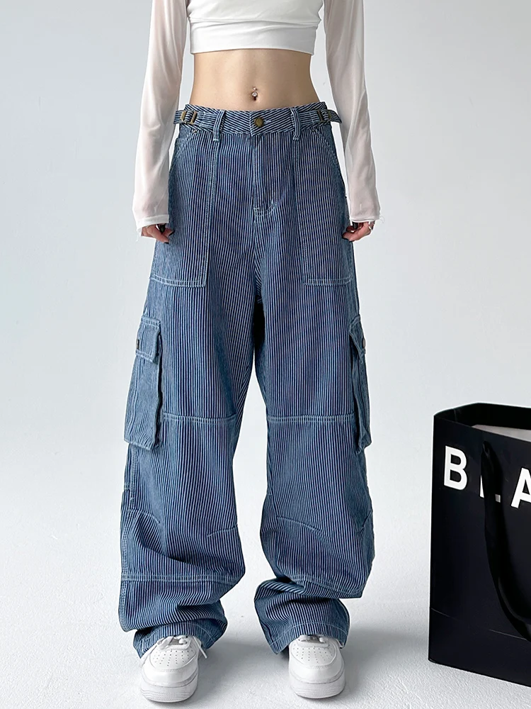 American Sle Workwear Retro rayas pierna recta Denim Jeans mujer otoño nueva calle Multi ket Patchwork pantalones sueltos