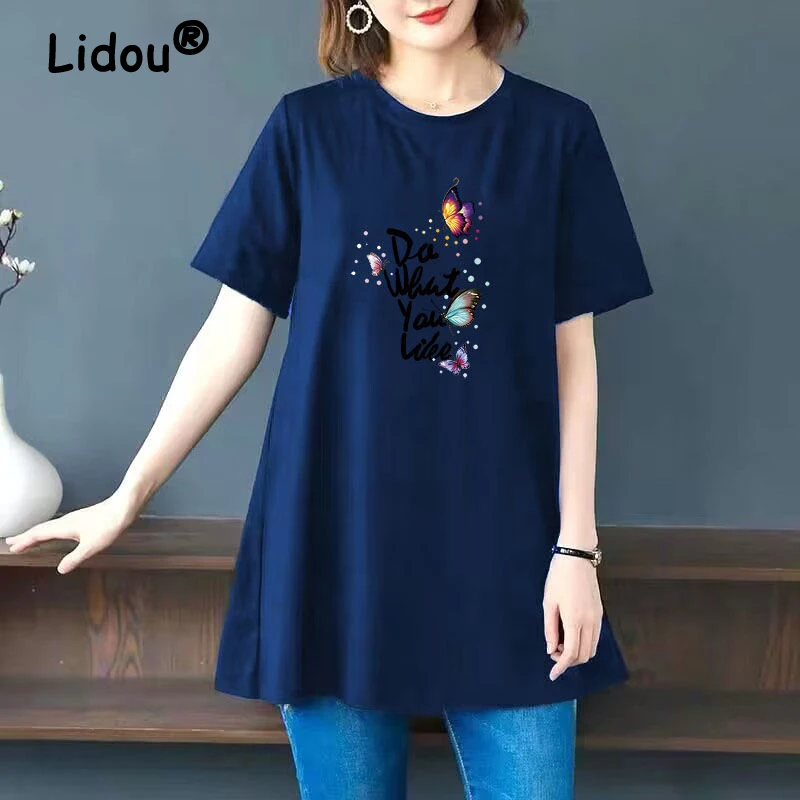 

2023 Women Summer Butterfly Floral Print Oversized Cotton T-shirt Fashion O Neck Short Sleeve Pullover Tunic Tops Female Clothes