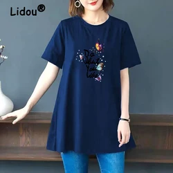 2023 Women Summer Butterfly Floral Print Oversized Cotton T-shirt Fashion O Neck Short Sleeve Pullover Tunic Tops Female Clothes